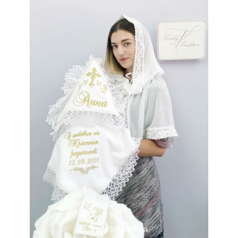 Крыжма для девочки "Белые завитки" + мешочек + палантин Крыжма для девочки "Белые завитки" + мешочек + палантин